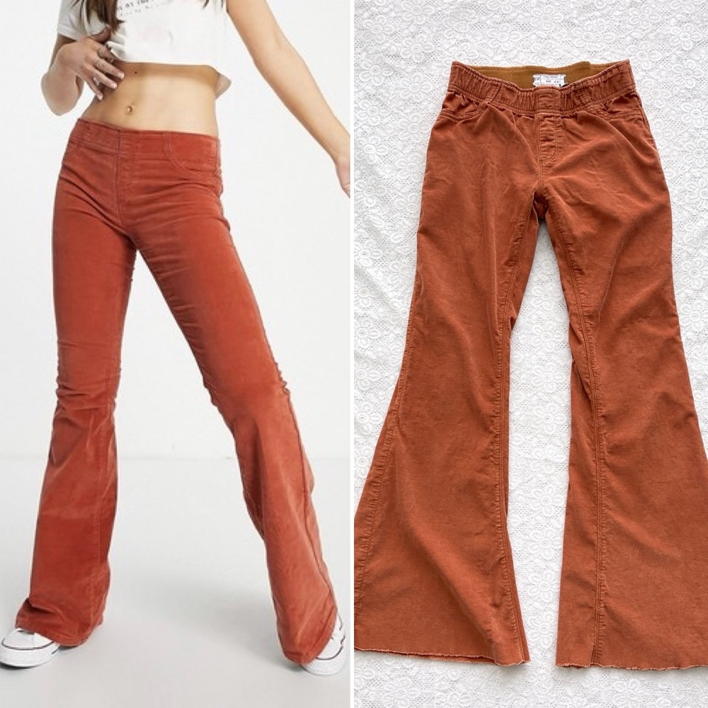 Free People Pull On Corduroy Flare Jeans Terracotta Orange-Brown size 28